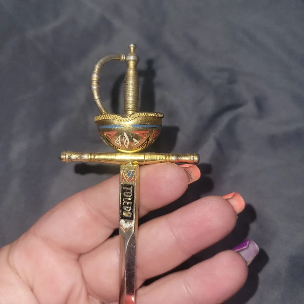 Vintage Toledo Spanish Rapier Sword Red Black Enamel Letter Opener Spain 6.75
